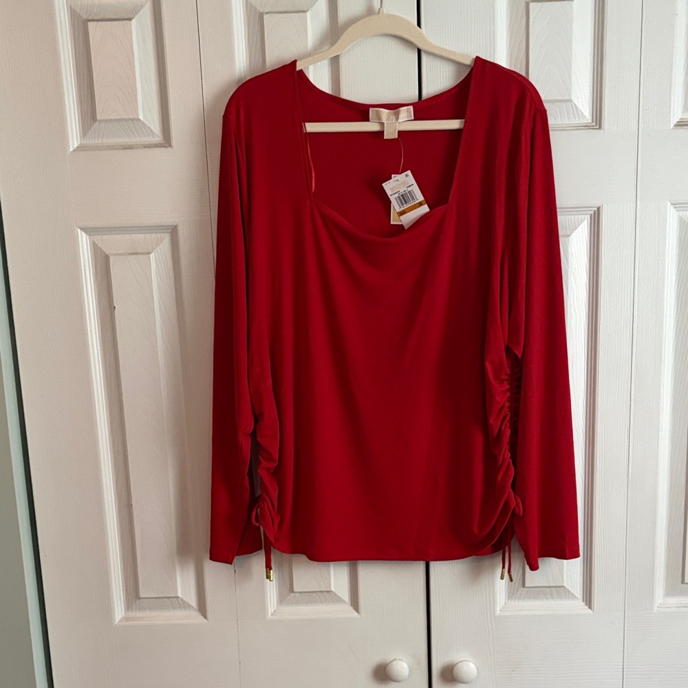 Stunning NWT MICHAEL Michael Kors Red Long-Sleeve Drape Neck Top